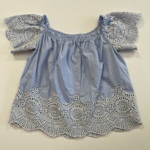 Liberty Love Womens Blue & White‎ Stripe Embroidered Ruffle Sleeve Blouse 176